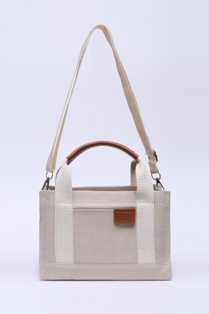 Bej Shk138 2 Bölmeli Kanvas Kumaş Ayarlanabilir Askılı Fermuarlı El, Kol ve Omuz Çantası U:17 G:24 E:10 cm