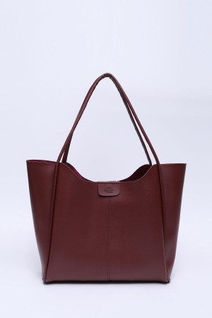 Bordo Shk76 Çıtçıtlı Fitil Askılı Suni Deri Makyaj Çantalı Büyük Boy Kadın El ve Omuz Çantası  U:29 E:30 G:9 cm