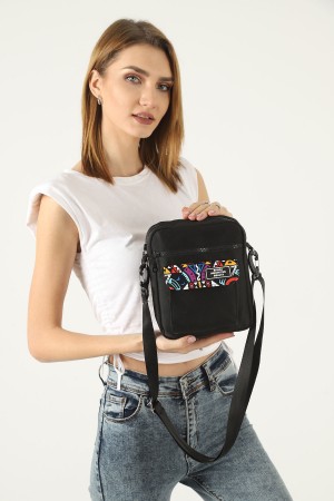 Çok Renkli Etnik Desen Siyah U2 Orjinal 3 Bölmeli Çapraz Ayarlanabilir Askılı Kanvas Kumaş Unisex Omuz Çantası B:22 E:17 G:7