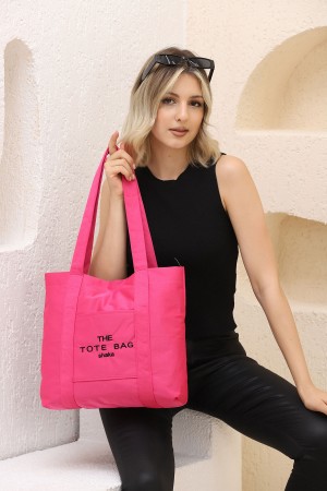 Fuşya U46 Çıt Çıt Kapatmalı Ön Cep Detaylı Tote Bag İşlemeli Kanvas Kadın Kol ve Omuz Çantası U:30 E:37