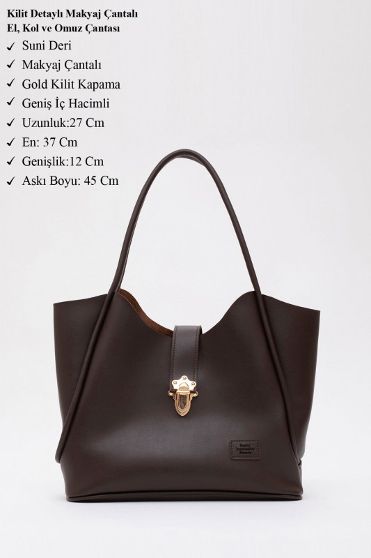 Kahve Rengi Shk126 Suni Deri Kilit Detaylı Makyaj Çantalı El,Kol ve Omuz Çantası U:27 E:37 G:12 cm