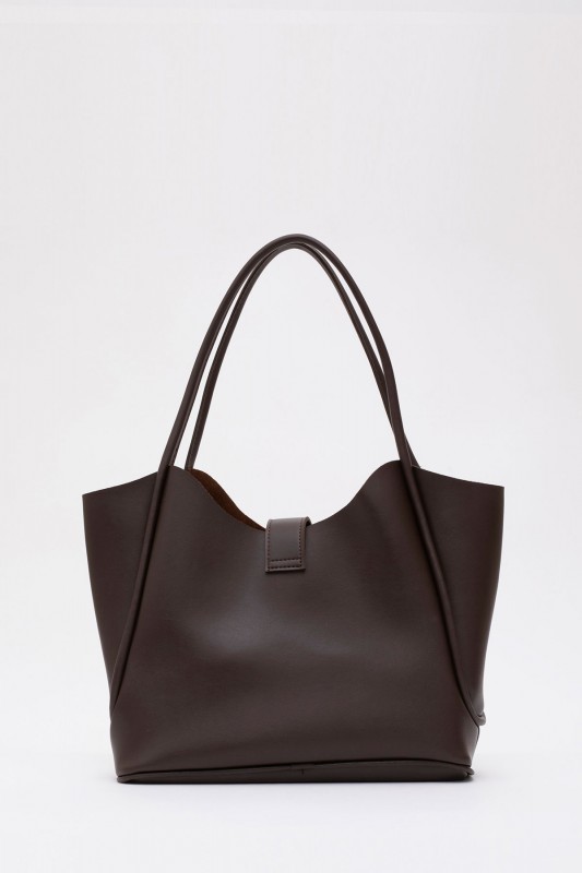 Kahve Rengi Shk126 Suni Deri Kilit Detaylı Makyaj Çantalı El,Kol ve Omuz Çantası U:27 E:37 G:12 cm