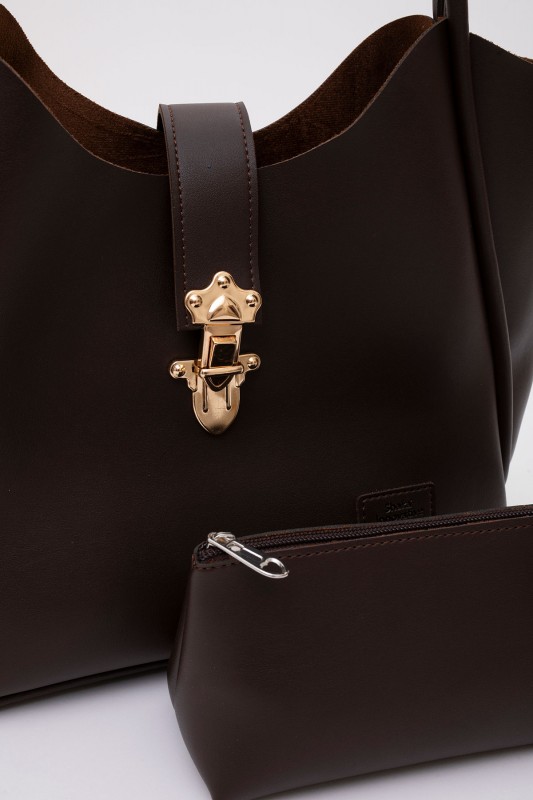 Kahve Rengi Shk126 Suni Deri Kilit Detaylı Makyaj Çantalı El,Kol ve Omuz Çantası U:27 E:37 G:12 cm