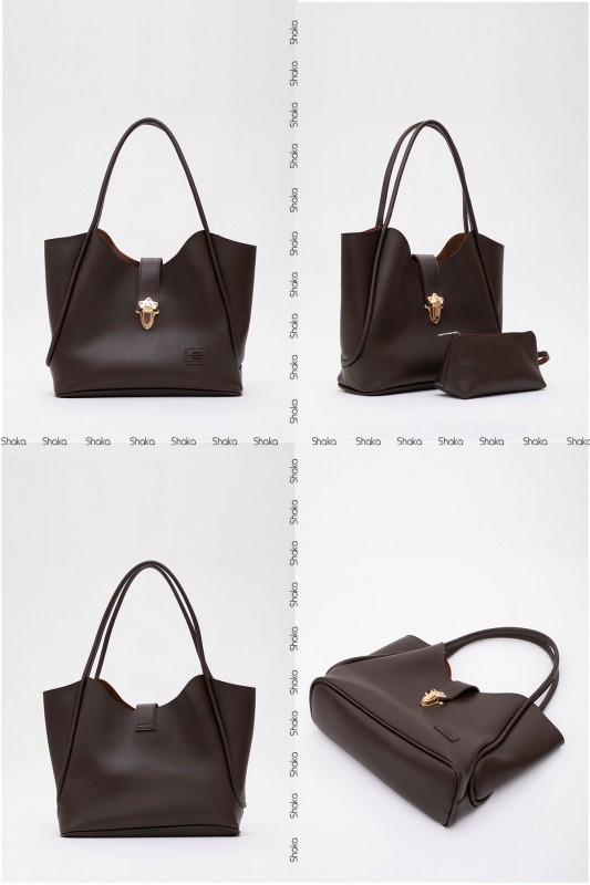 Kahve Rengi Shk126 Suni Deri Kilit Detaylı Makyaj Çantalı El,Kol ve Omuz Çantası U:27 E:37 G:12 cm