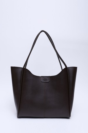 Kahve Rengi Shk76 Çıtçıtlı Fitil Askılı Suni Deri Makyaj Çantalı Büyük Boy Kadın El ve Omuz Çantası  U:29 E:30 G:9 cm