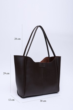 Kahve Rengi Shk76 Çıtçıtlı Fitil Askılı Suni Deri Makyaj Çantalı Büyük Boy Kadın El ve Omuz Çantası  U:29 E:30 G:9 cm