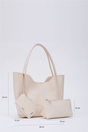 Krem Shk108 Çıtçıtlı Suni Deri Cüzdanlı Makyaj Çantalı Kadın El ve Omuz Çantası U:25 E:38 G:15 cm