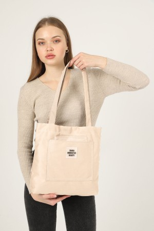 Krem U22 3 Bölmeli Ön 2 Cep Detaylı Kanvas Kumaş Günlük Kadın Kol ve Omuz Çantası B:35 E:35