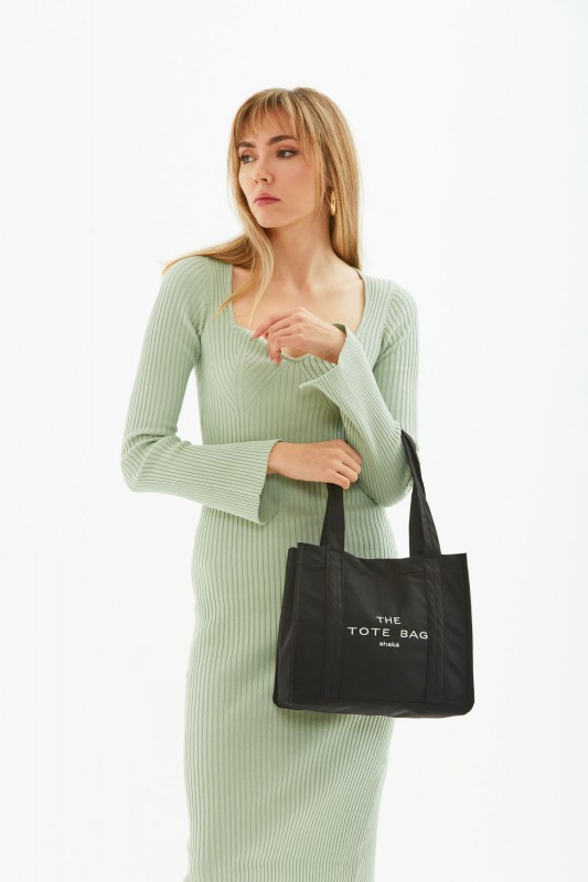 Siyah U45 Çıt Çıt Kapatmalı The Tote Bag İşlemeli Kanvas Kumaş Günlük Kadın Kol ve Omuz Çantası 25x30