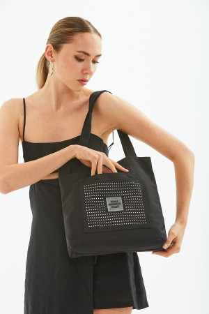 Taşlı Siyah U22 3 Bölmeli Ön 2 Cep Detaylı Kanvas Kumaş Günlük Kadın Kol ve Omuz Çantası B:35 E:35