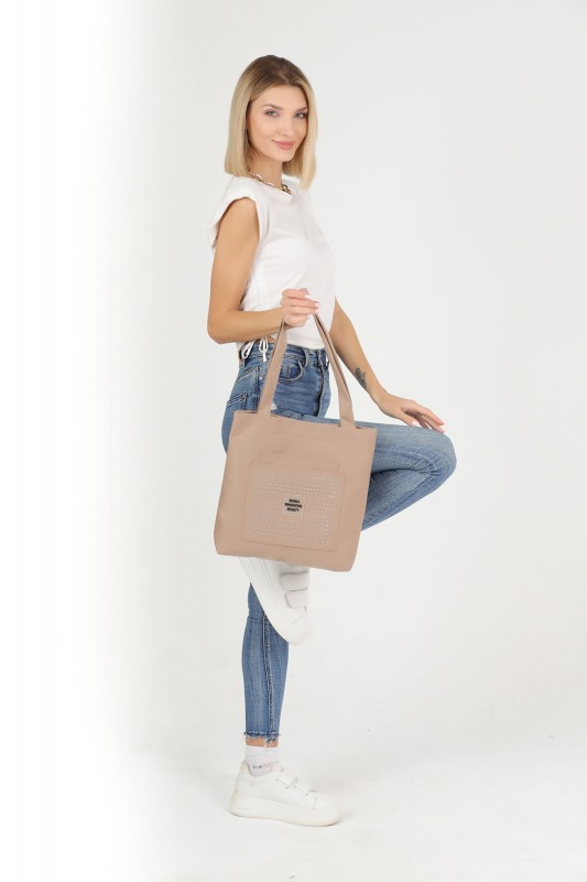 Taşlı Vizon U22 3 Bölmeli Ön 2 Cep Detaylı Kanvas Kumaş Günlük Kadın Kol ve Omuz Çantası B:35 E:35