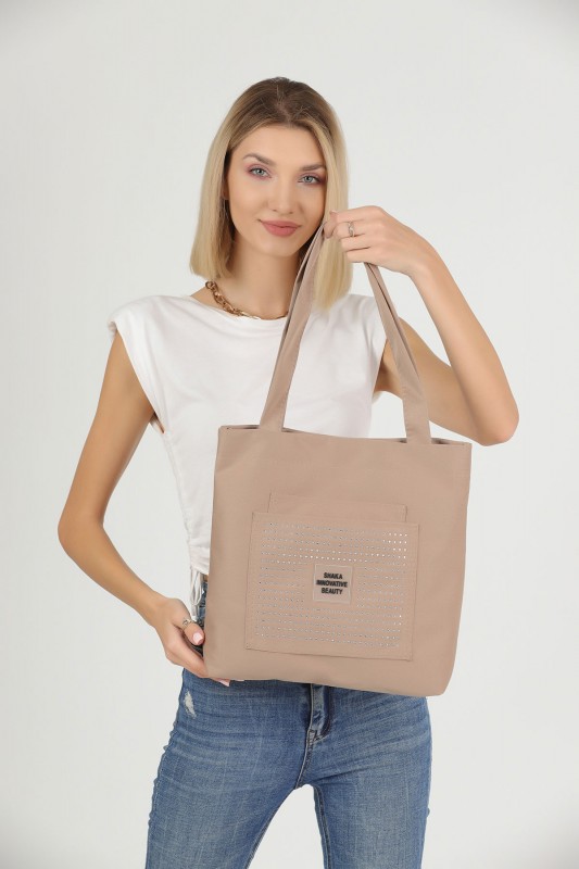 Taşlı Vizon U22 3 Bölmeli Ön 2 Cep Detaylı Kanvas Kumaş Günlük Kadın Kol ve Omuz Çantası B:35 E:35