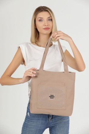 Taşlı Vizon U22 3 Bölmeli Ön 2 Cep Detaylı Kanvas Kumaş Günlük Kadın Kol ve Omuz Çantası B:35 E:35