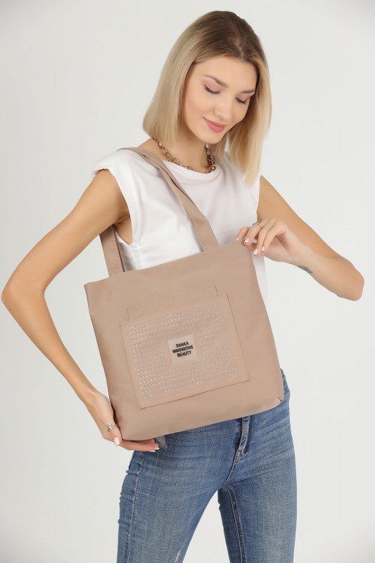 Taşlı Vizon U22 3 Bölmeli Ön 2 Cep Detaylı Kanvas Kumaş Günlük Kadın Kol ve Omuz Çantası B:35 E:35